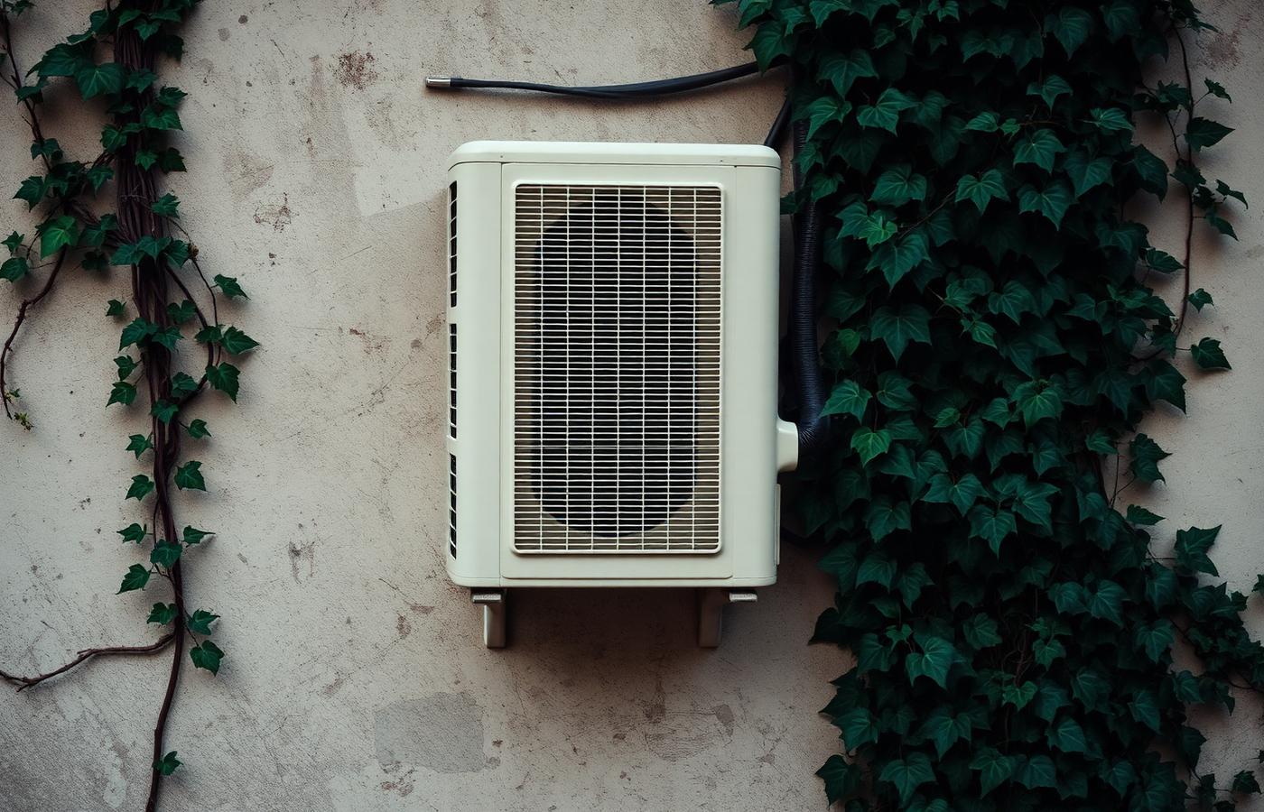 Air conditioning unit surrounded by climbing vines